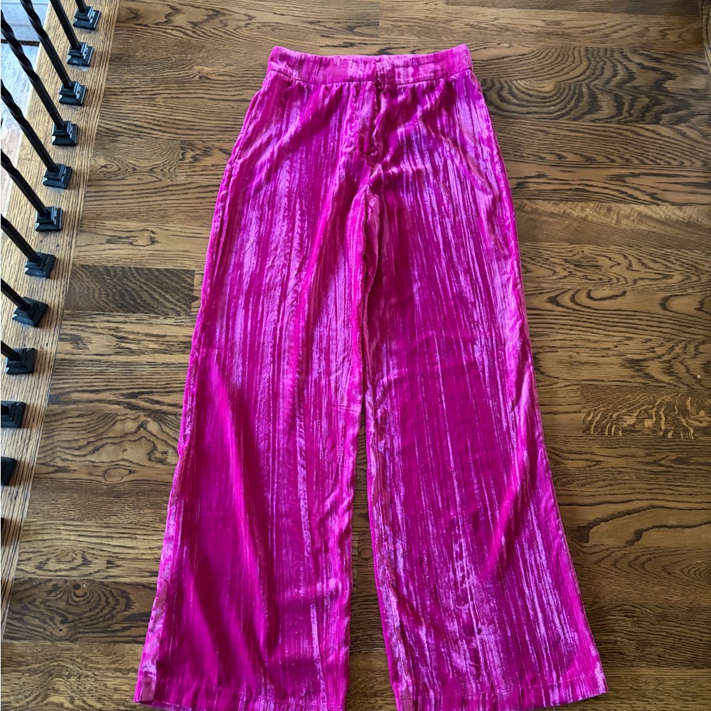 Vibrant Fuchsia Crushed Velvet Wide-Leg Pants